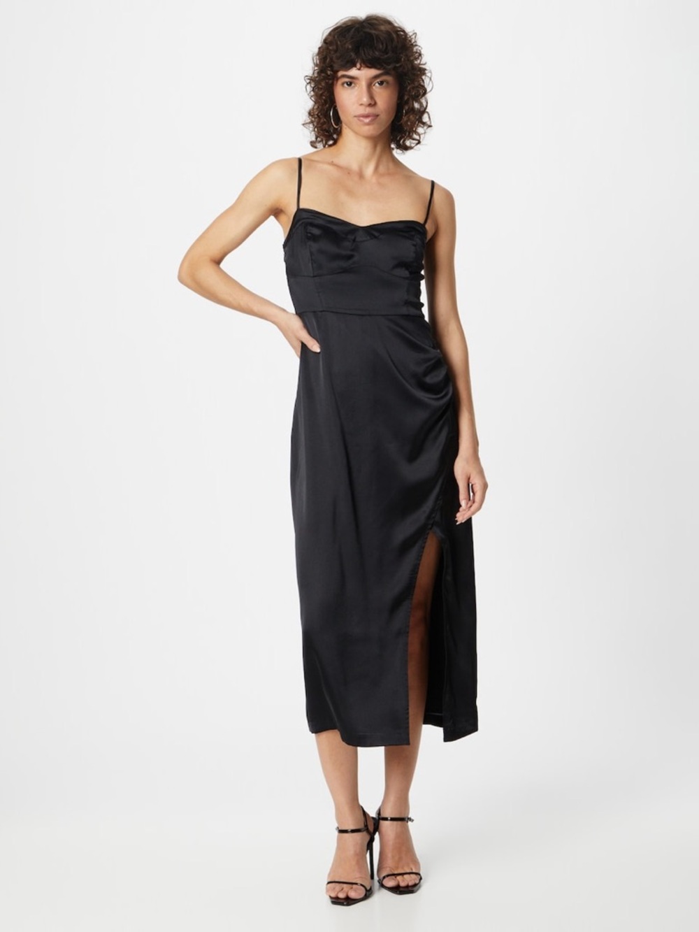 HOLLISTER BLACK SATIN SLIP MIDI DRESS SIZE L WEDDING GUEST HOLIDAY PARTY